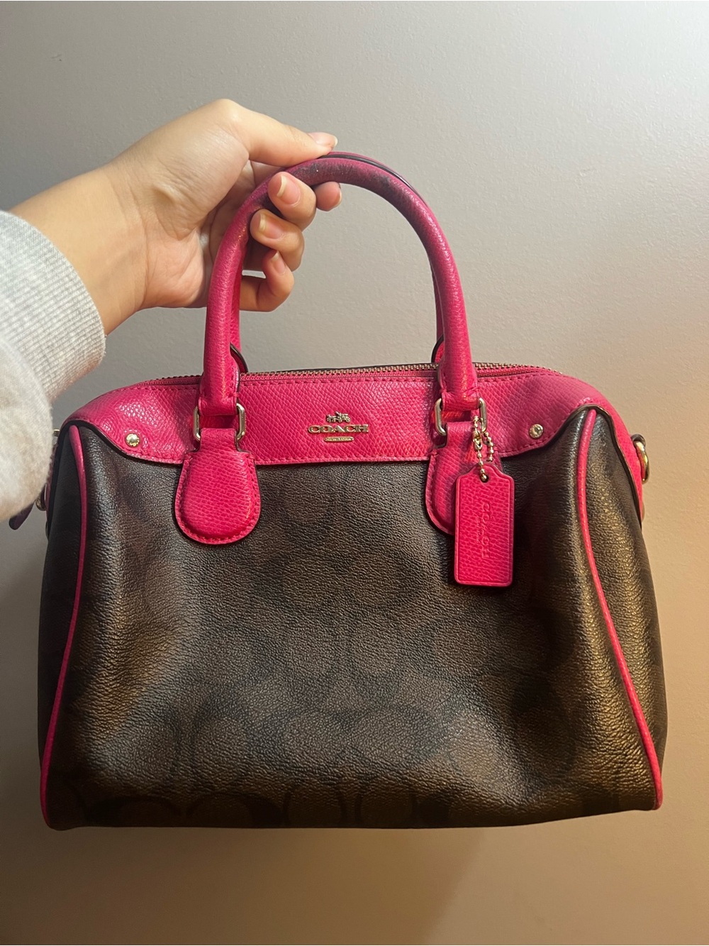 PRE LOVED Coach Brown Signature Satchel with Hot Pink Trim